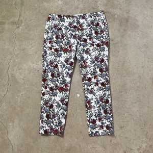 Zara Floral Tapestry Pants Women'Size 12 White Red Blue Straight Leg Cottagecore